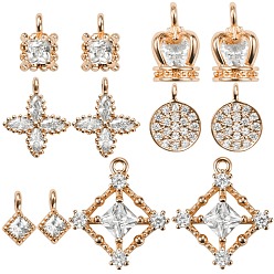Real 18K Gold Plated 12Pcs 6 Style Brass Pendants, with Clear Cubic Zirconia, Mixed Shapes, Real 18K Gold Plated, 7.5x5x3mm, Hole: 1mm