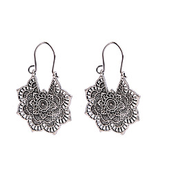 Flower Alloy Hoop Earrings, Bohemia Style Long Drop Earrings for Women, Antique Silver, Flower, 45mm