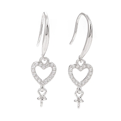 Platinum Rhodium Plated 925 Sterling Silver Earring Hooks, with Clear Cubic Zirconia, Heart, for Half Drilled Beads, Platinum, 30mm, 21 Gauge, Pin: 0.7mm and 0.6mm, Tray: 6x3mm