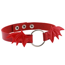 Red Unique Punk Bat Wing Leather Collar Necklace with Circular O-Ring and Lock Chain for Statement Style