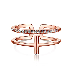 Rose Gold 925 Sterling Silver Cross Open Cuff Rings with Cubic Zirconia, with S925 Stamp, Rose Gold, 8.3mm, US Size 7(17.3mm)