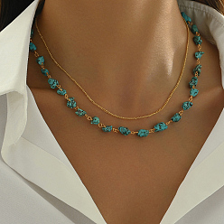 Золотой Старинное латунное двухслойное колье, Ожерелье из синтетических бирюзовых бусин для женщин, аксессуары для вечеринок, золотые, 16.54 дюйм (42 см)
