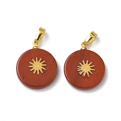 Красный Камень Природные красной яшмы подвески, плоские круглые подвески золотистого оттенка 304 солнечные ломтики из нержавеющей стали и латунные застежки-кнопки, 19~20.5x16~16.3x3.5~4.2 мм, отверстие : 6x3 мм