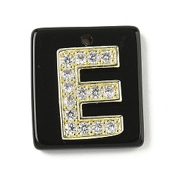 Letter E Природные подвески обсидиана, прямоугольные подвески с латунной микропаве прозрачной кубической циркониевой буквой, реальный 18 k позолоченный, долговечный, стойки покрытие, Письмо E, 21x18x5 мм, отверстие : 1.4 мм