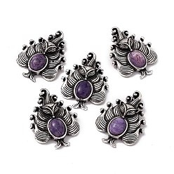Charoite Natural Charoite Pendants, Nine-Tailed Fox Charms, with Antique Silver Color Brass Findings, 30x23x6mm, Hole: 4x2mm