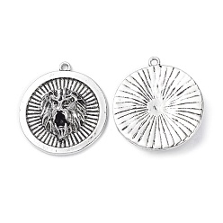 Antique Silver Alloy Pendants, Lead Free & Cadmium Free, Flat Round with Lion Pattern, Antique Silver, 36.5x33x10.5mm, Hole: 2mm
