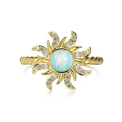 Real 18K Gold Plated Sun 925 Sterling Silver Wide Band Rings, with Synthetic Opal, Real 18K Gold Plated, Inner Diameter: 17.2mm