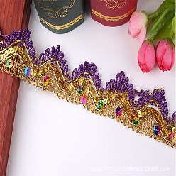 Purple 15 Yards Metallic Polyester Lace Trim, Gold Wavy Trimmings with Paillettes for Sewing Decoration, Purple, 1-3/8 inch(35mm)