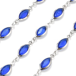 Синий Латунные стеклянные цепи с конским глазом, с катушкой, долговечный, пайки, без свинца и без кадмия, стойки покрытие, платина, синие, 16.5x6x2 мм