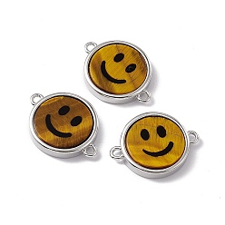 Tiger Eye Natural Tiger Eye Connector Charms, Flat Round with Smiling Face Links, with Rack Plating Platinum Tone Brass Findings, Cadmium Free & Lead Free, 15.5x20x3mm, Hole: 1.6mm
