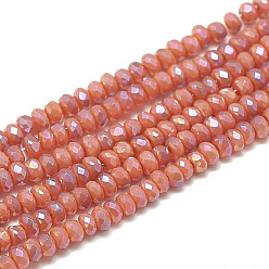 Dark Salmon Electroplate Opaque Solid Color Glass Beads Strands, Faceted, Rondelle, Dark Salmon, 2.5x1.5mm, Hole: 0.8mm, about 160~165pcs/strand, 13.78 inch~14.17 inch(35~36cm)