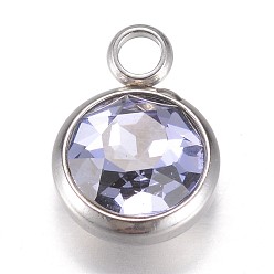 Lilac Glass Charms, Faceted, with 304 Stainless Steel Findings, Flat Round, Lilac, 14x10x6.5mm, Hole: 2.5mm