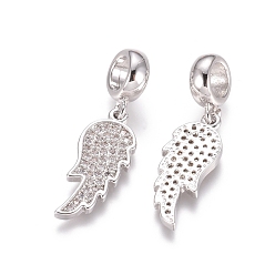 Platinum Brass Micro Pave Cubic Zirconia European Dangle Charms, Large Hole Pendants, Wing, Clear, Platinum, 28.5mm, Wing: 20x8x2mm, Hole: 5mm