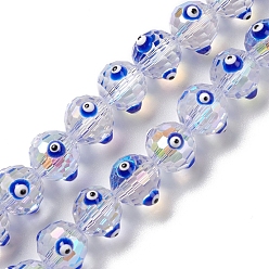 Blue Transparent Evil Eye Glass Beads Strands, with Enamel, Faceted, Round, Blue, 10.5~11x9mm, Hole: 1.6mm, about 40pcs/strand, 13.86''~14.06''(35.2~35.7cm)