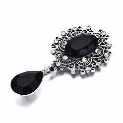 Black Alloy Flat Back Cabochons, with Acrylic Rhinestones, Oval and Teardrop, Antique Silver, Faceted, Black, 59x29x6mm