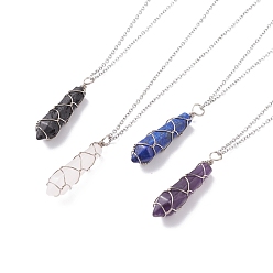 Mixed Stone Natural Gemstone Bullet Pendant Necklaces, Copper Wire Wrap Jewelry for Women, 17.72 inch(45cm)