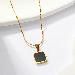 Black Natural Shell Square Pendant Necklace, with Golded Stainless Steel Chains, Black, 16.14 inch(41cm)