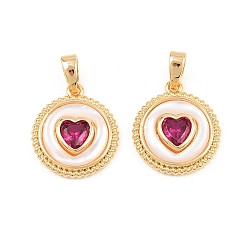 Настоящее золото 18K Латунные микро проложить кубического циркония подвески, с оболочкой, плоский круглый с сердечками, реальный 18 k позолоченный, 16x14x3.5 мм, отверстие : 4x2.5 мм