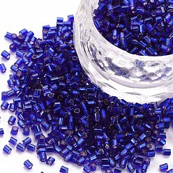 Blue Glass Bugle Beads, Silver Lined, Blue, 1.8~2.2x1.8~2mm, Hole: 0.8~0.9mm, about 15000pcs/pound