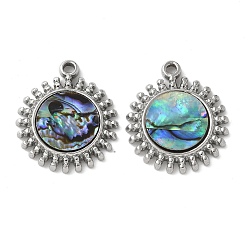 Нержавеющая Сталь Цвет 304 подвески из натуральной ракушки пауа из нержавеющей стали/белой ракушки, плоско-круглые, цвет нержавеющей стали, 19.5x17x2.5 мм, отверстие : 1.5 мм