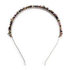 Tourmaline Brass Wire Wrapped Natural Tourmaline Chip Hair Bands, with 304 Stainless Steel Hair Hoop, Hair Accessories for Women Girls, 140~152x125~135x6~10mm, Inner Diameter: 120mm