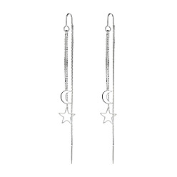Platinum Brass Moon & Star Dangle Stud Earrings, Long Chains Ear Threads for Women, Platinum, 85mm