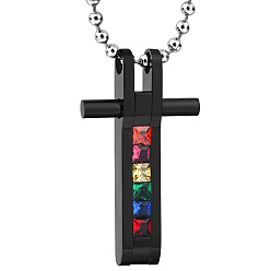 Electrophoresis Black Rainbow Color Pride Flag Rhinestone Cross Pendant Necklace with Titanium Steel Ball Chains for Women, Electrophoresis Black, 23.62 inch(60cm)