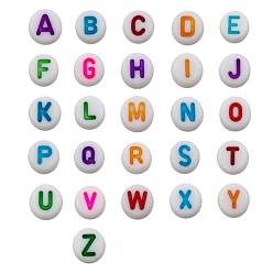 Colorful Opaque Acrylic Beads, White, Flat Round with Alphabet, Letter A~Z, Colorful, 7mm