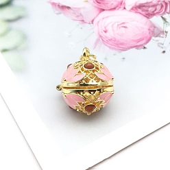 Pink Brass Enamel Hollow Bead Cage Pendants, Round with Lotus Flower Charm, for Chime Ball Pendant Necklaces Making, Pink, 18x15mm