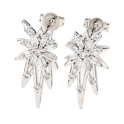 Платина Серьги-гвоздики из латуни с микро-паве и прозрачным кубическим цирконием, без кадмия и без свинца, стойки покрытие, долговечный, платина, 18x9.5 мм