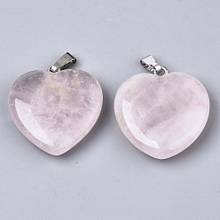 Rose Quartz Natural Rose Quartz Pendants, with Stainless Steel Pinch Bails and Iron Loop, Heart, 26.5~27.5x25.5x8mm, Hole: 2x6mm