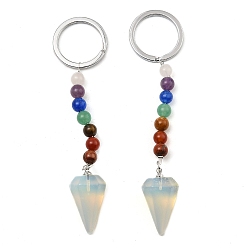Opalite Opalite Cone Pendant Keychain, with 7 Chakra Gemstone Beads and Platinum Tone Brass Findings, 108mm
