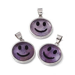 Amethyst Natural Amethyst Pendants, Flat Round with Smiling Face Charms, with Rack Plating Platinum Tone Brass Findings, Cadmium Free & Lead Free, 21x18.5x3mm, Hole: 4x6mm