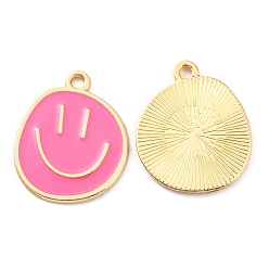 Hot Pink Alloy Enamel Pendants, Golden, Flat Round with Smiling Face Charm, Hot Pink, 24.5x20x1.5mm, Hole: 2mm
