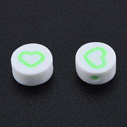 Green Yellow Handmade Polymer Clay Beads, Flat Round with Heart, Green Yellow, 9~9.5x4~5mm, Hole: 1.6mm