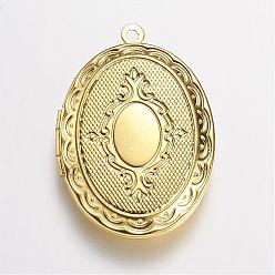 Golden Brass Locket Pendants, Oval, Golden, 33.5x23.5x5mm, Hole: 1.5mm