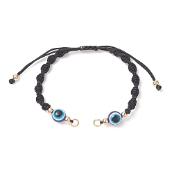 Black Adjustable Braided Nylon Thread Link Bracelet Making, with Resin Evil Eye, Real 18K Gold Plated Brass Beads & 304 Stainless Steel Jump Rings, Black, 6 inch(15.2cm), Hole: 3mm