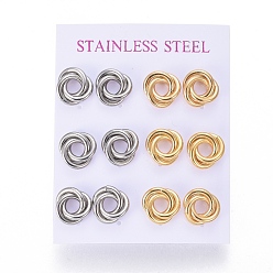 Golden & Stainless Steel Color 304 Stainless Steel Stud Earrings, Hypoallergenic Earrings, Interlocking Rings, with Ear Nuts, Golden & Stainless Steel Color, 13mm, Pin: 0.8mm, 6pairs/card