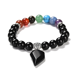 Обсидиан Эластичные круглые браслеты из натурального черного обсидиана и смешанных драгоценных камней, расшитые бисером, Браслет на тему чакры с подвесками в форме половины сердца, внутренний диаметр: 2-1/8 дюйм (5.5 см)