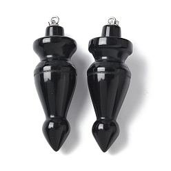 Обсидиан Природные подвески обсидиана, конус прелести, с латунной фурнитурой , платина, 53.5~55.5x18~18.5 мм, отверстие : 7x5.5 мм