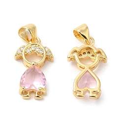 Pink Real 16K Gold Plated Brass Micro Pave Cubic Zirconia Pendants, with Glass, Girl Charms, Pink, 18x11x4.5mm, Hole: 4.5x3.5mm