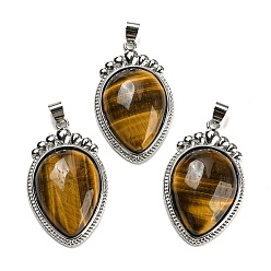 Tiger Eye Natural Tiger Eye Pendants, Carrot Charms with Rack Plating Platinum Tone Brass Findings, Lead Free & Cadmium Free, 36.5x22.5x7~7.5mm, Hole: 4x6.5mm