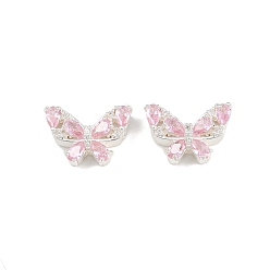 Pink Латунные многорядные звенья-бабочки с кубическим цирконием, 925 серебро покрытием, розовые, 12x18x6.5 мм, отверстие : 1.5 мм