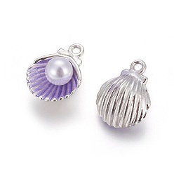 Blue Violet Alloy Enamel Pendants, with Acrylic Pearl Beads, Shell, Platinum, Blue Violet, 15x11.5x7mm, Hole: 1.4mm