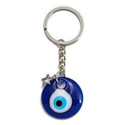 Dark Blue Alloy Keychains, with Plastic Flat Round Evil Eye Pendants, Dark Blue, 8.5x3cm