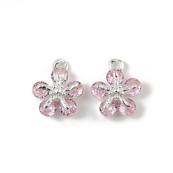 Pink Латунные микро проложить кубического циркония прелести, цветок, 925 серебро покрытием, розовые, 11x8x4.5 мм, отверстие : 1 мм