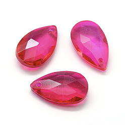 Hot Pink Faceted Glass Pendants, Teardrop, Hot Pink, 22x13x8.5mm, Hole: 1mm