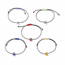 Mixed Color 5Pcs 5 Colors Lampwork Round Evil Eye Braided Bead Bracelets Set for Women, Mixed Color, Inner Diameter: 3/8~2-7/8 inch(1~7.4cm), 1Pc/color