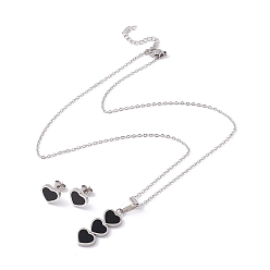 Stainless Steel Color Black Acrylic Heart Stud Earrings & Pendant Necklace, 304 Stainless Steel Jewelry Set for Women, Stainless Steel Color, 17.72 inch(45cm), 9x10.5mm, Pin: 0.8mm