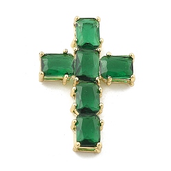 Зеленый Латунь стекло кулоны, крест прелести, стойки покрытие, долговечный, без свинца и без кадмия, реальный 18 k позолоченный, граненые, зелёные, 29.5x20.5x6.5 мм, отверстие : 4x2.5 мм
